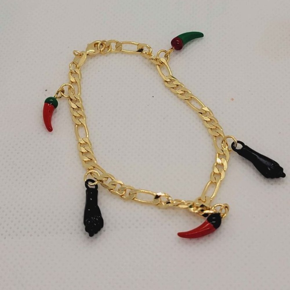 Brazilian 18k Gold Filled Green/Red Peppers & Figa hand Bracelet